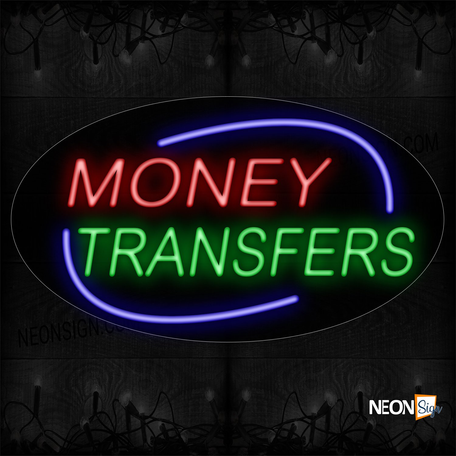Image of 14600 Money Transfers With Blue Arc Border Neon Sign_17x30 Contoured Black Backing