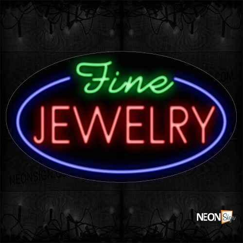 Image of 14623 Fine Jewelry With Blue Oval Border Neon Sign_17x30 Contoured Black Backing
