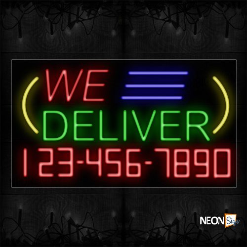 Image of 15025 We Deliver And Phone Number With Blue Lines And Yellow Arc Border Neon Signs_20x37 Black Backing