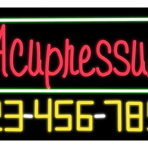 Image of 15037 acupressure with telephone number green border neon sign