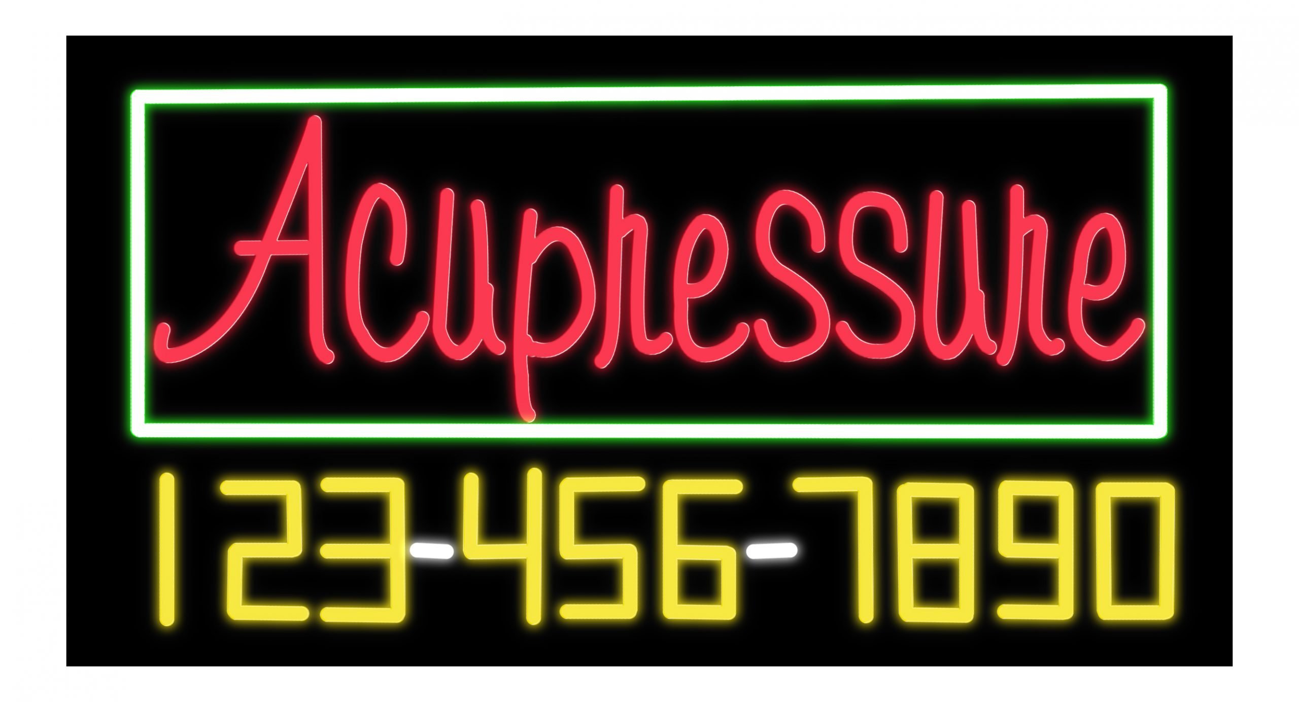 Image of 15037 acupressure with telephone number green border neon sign