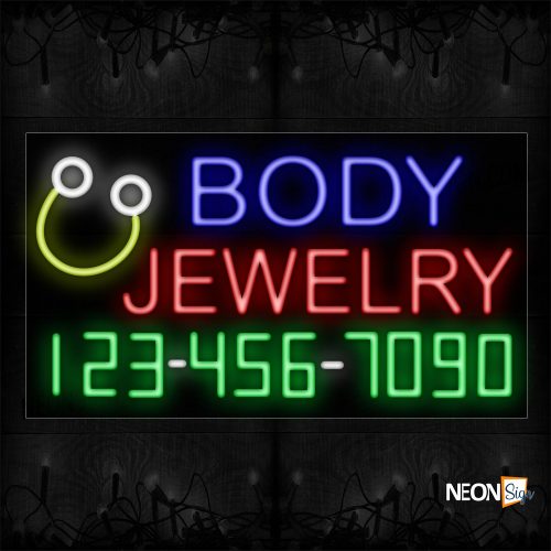 Image of 15050 Body Jewelry With Telephone Number Border Led Bulb Sign_20x37 Black Backing