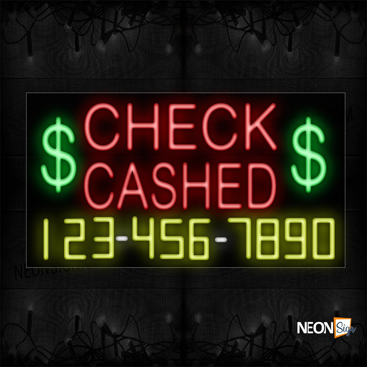 Image of 15057 $ Check Cashed $ And Phone Number Neon Sign_20x37 Black Backing