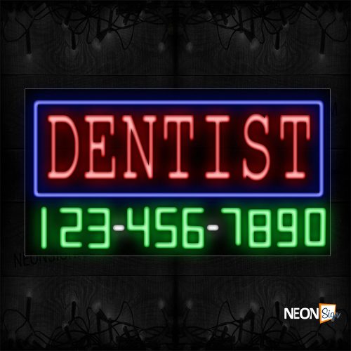 Image of 15062 Dentist And Phone Number With Blue Border Neon Sign_20x37 Black Backing