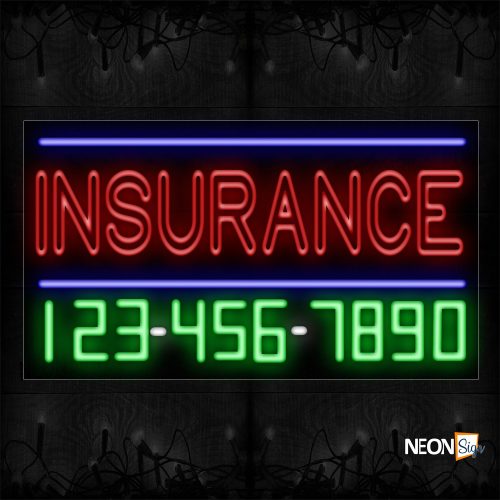 Image of 15074 Double Stroke Insurance And Phone Number With Blue Lines Neon Sign_20x37 Black Backing