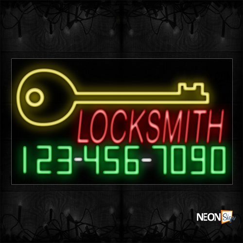 Image of 15078 Locksmith With Key Sign Logo & Contact No Neon Sign_20x37 Black Backing