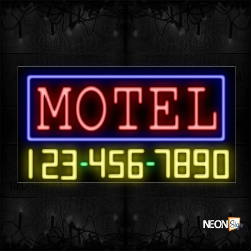 Image of 15083 Motel And Phone Number With Blue Border Neon Sign_20x37 Black Backing