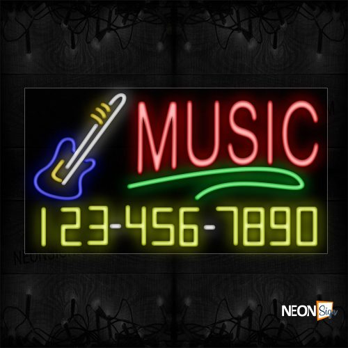 Image of 15084 Music And Phone Number With Green Line And Guitar Logo Neon Sign_20x37 Black Backing
