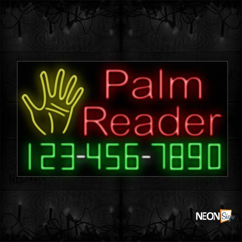 Image of 15089 Palm Reader And Phone Number With Hand Logo Neon Sign_20x37 Black Backing