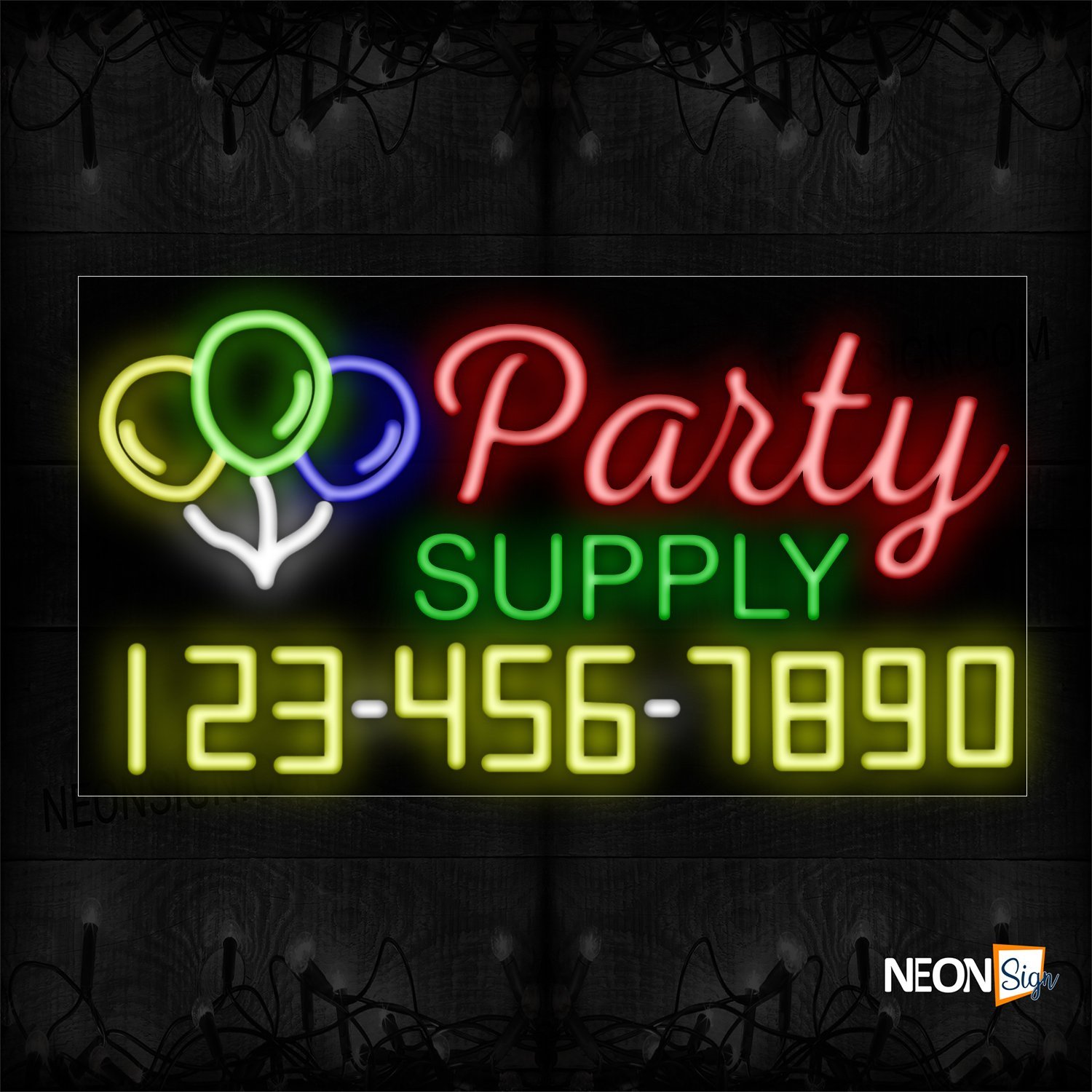 Image of 15090 Party Supply And Phone Number With Logo Neon Sign_20x37 Black Backing