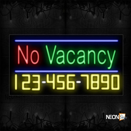Image of 15116 No Vacancy And Phone Number With Blue Lines Neon Sign_20x37 Black Backing
