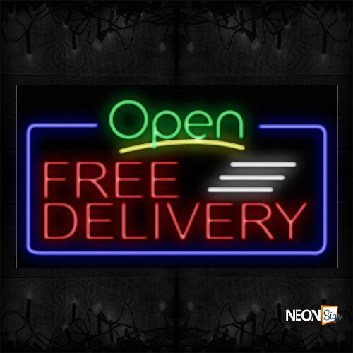Image of 15426 Open Free Delivery With Blue Border And White Lines Neon Signs_20x37 Black Backing