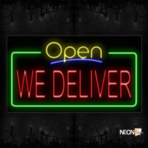 Image of 15429 Open We Deliver With 2 Lines And Green Box Traditional Neon_20x37 Black Backing