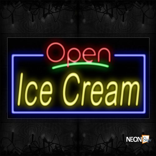 Image of 15433 Open Ice Cream With Blue Border Neon Sign_20x37 Black Backing