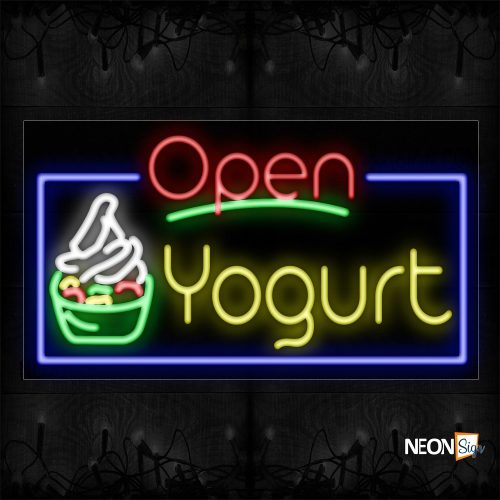 Image of 15441 Open Yogurt With Blue Border And Logo Neon Sign_20x37 Black Backing
