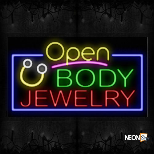 Image of 15467 Open Body Jewelry with blue border Neon Signs_20x37 Black Backing