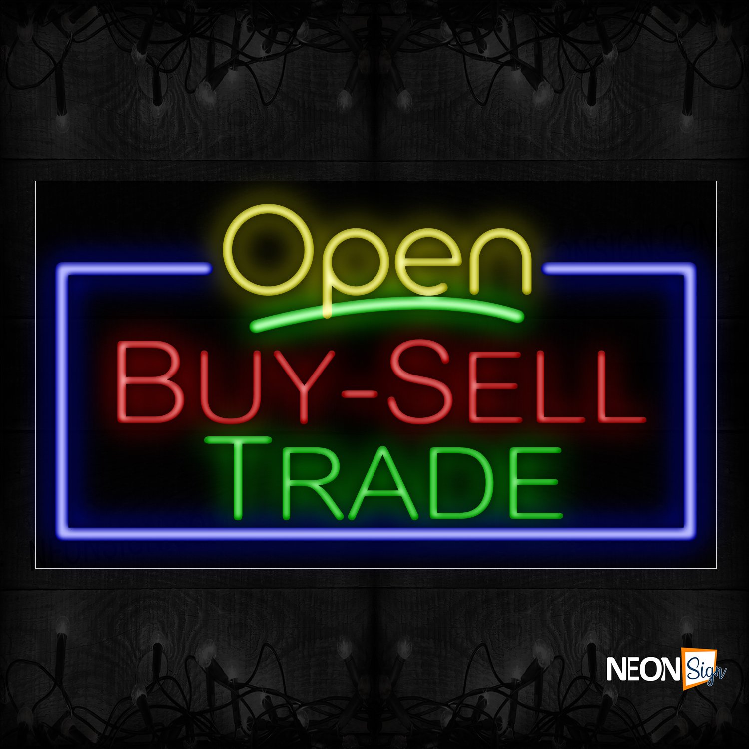 Image of 15474 Open By-sell Trade with blue border Neon Signs_20x37 Black Backing