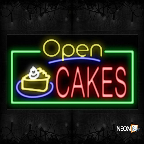 Image of 15475 Open Cakes with logo and green border Neon Signs_20x37 Black Backing