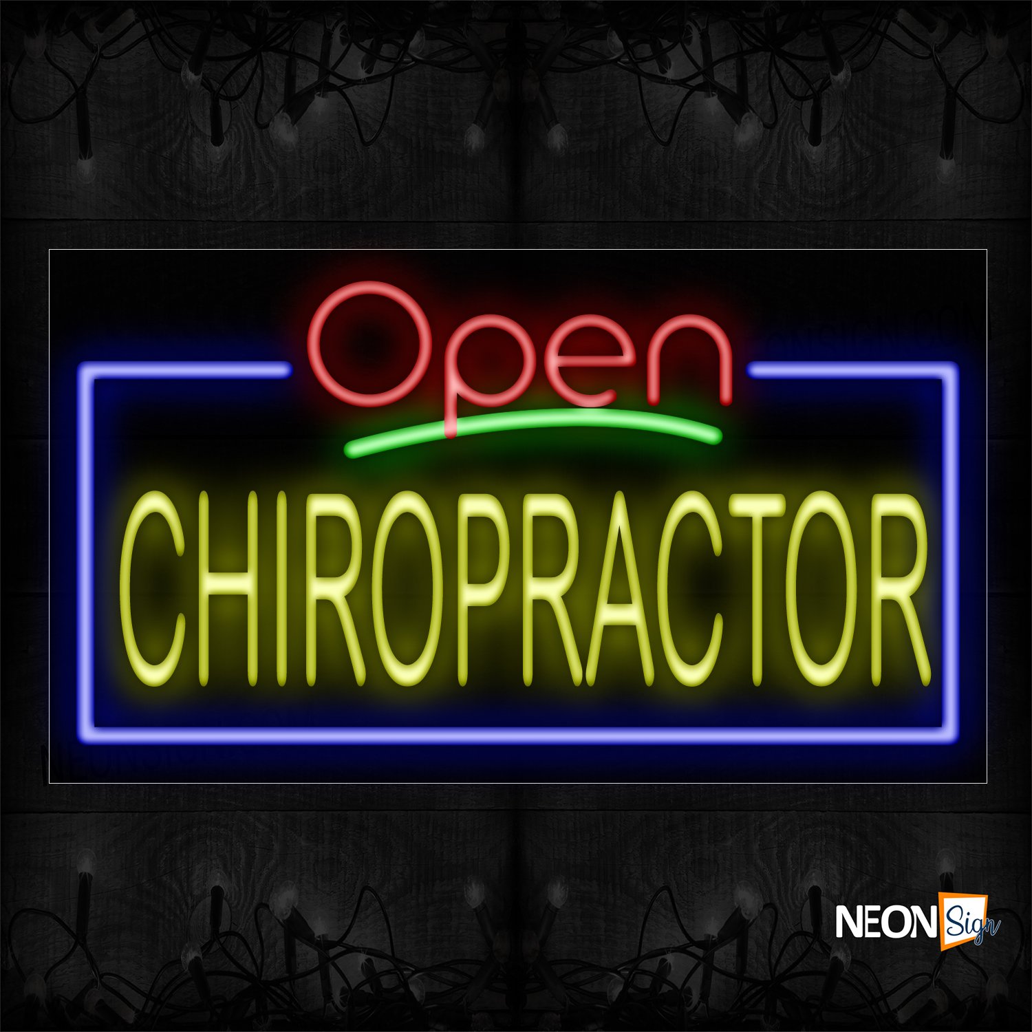 Image of 15484 Open Chiropractor with blue border Neon Signs_20x37 Black Backing