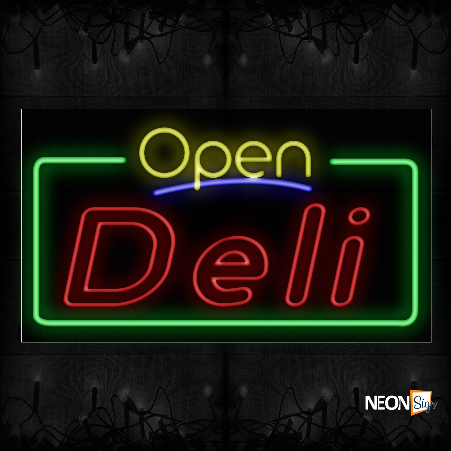 Image of 15492 Open Deli With Green Box And Outlined Text Traditional Neon_20x37 Black Backing