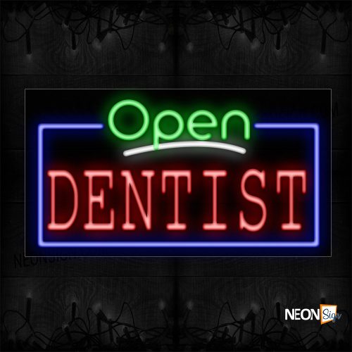 Image of 15493 Open Dentist With Blue Border Neon Sign_20x37 Black Backing