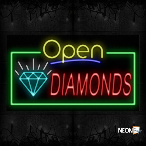 Image of 15495 Open Diamonds With Logo And Green Border Neon Sign_20x37 Black Backing