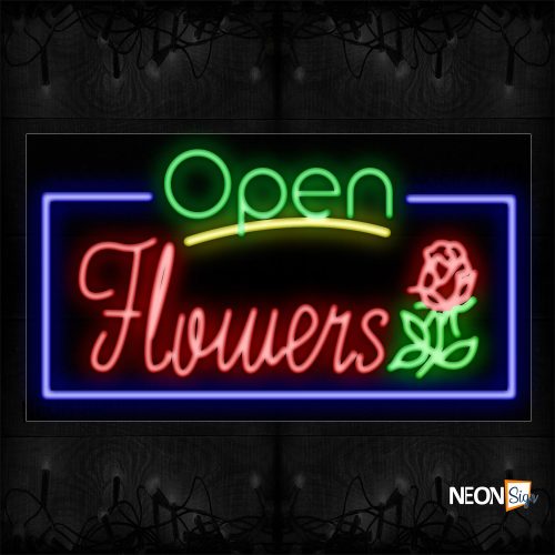 Image of 15501 Open Flowers With Blue Border And Rose Logo Neon Sign_20x37 Black Backing