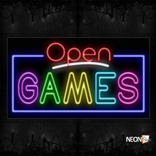 Image of 15506 Open colorful Games with border Neon Signs_20x37 Black Backing