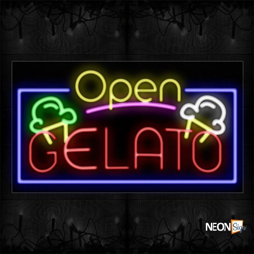 Image of 15507 Open Gelato With Logo And Blue Border Neon Sign_20x37 Black Backing