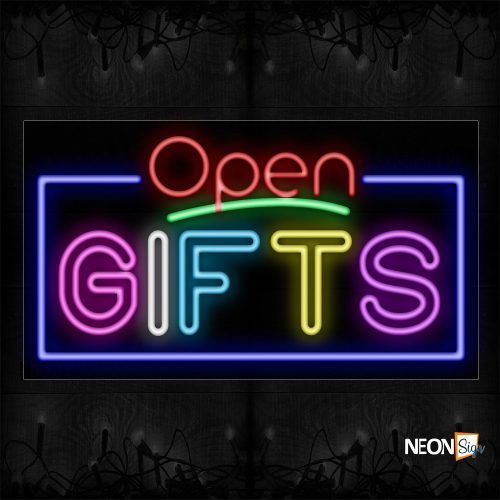 Image of 15508 open gifts with blue border led Neon Signs_20x37 Black Backing