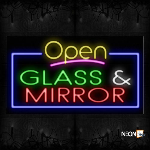 Image of 15509 Open Glass & Mirror with blue border Neon Signs_20x37 Black Backing
