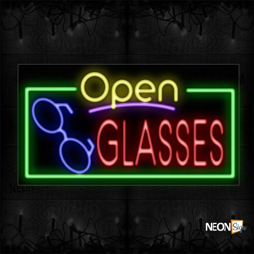 Image of 15510 Open Glasses With Logo And Green Border Neon Sign_20x37 Black Backing
