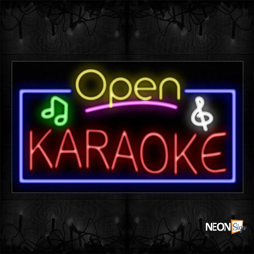 Image of 15526 Open Karaoke with blue border and log Neon Signs_20x37 Black Backing