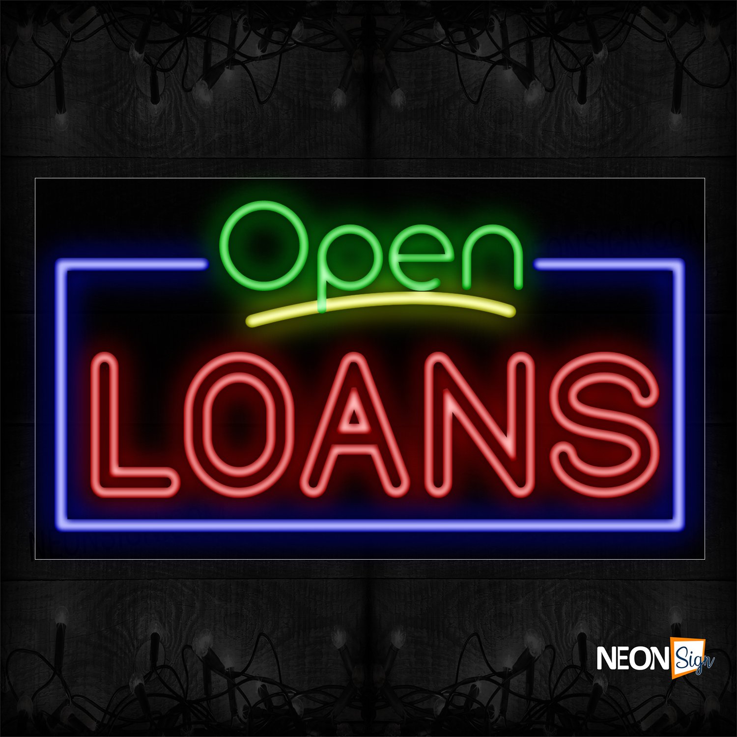 Image of 15531 Open Loans (Double stroke) with blue border Neon Signs_20x37 Black Backing
