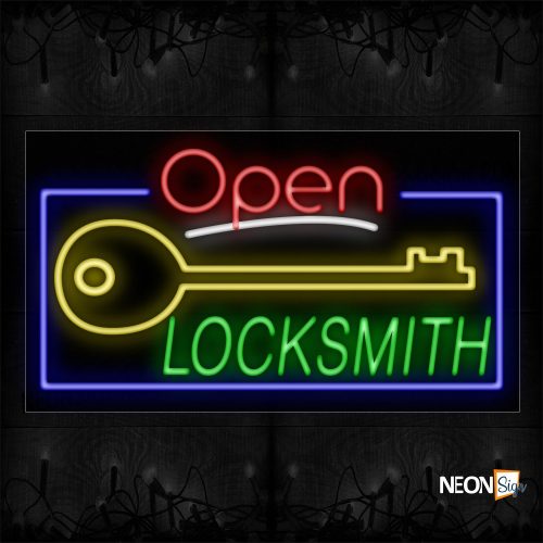Image of 15532 Open Locksmith With Key Image Blue Border Led Bulb Sign_20x37 Black Backing