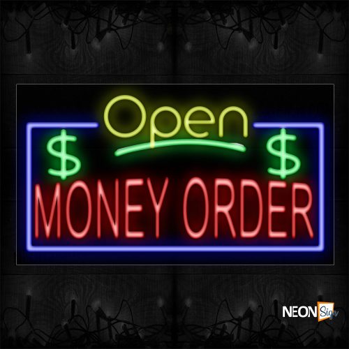 Image of 15536 Open Money Order with blue border Neon Signs_20x37 Black Backing