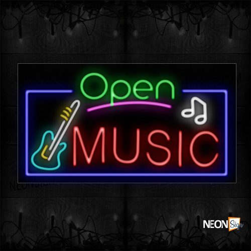 Image of 15540 Open Music With Logo And Blue Border Neon Sign_20x37 Black Backing