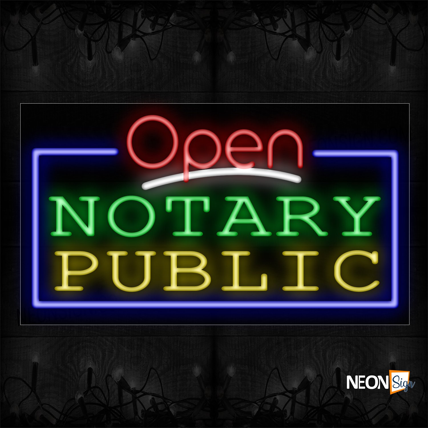 Image of 15542 Open Notary Public With Blue Border Neon Sign_20x37 Black Backing