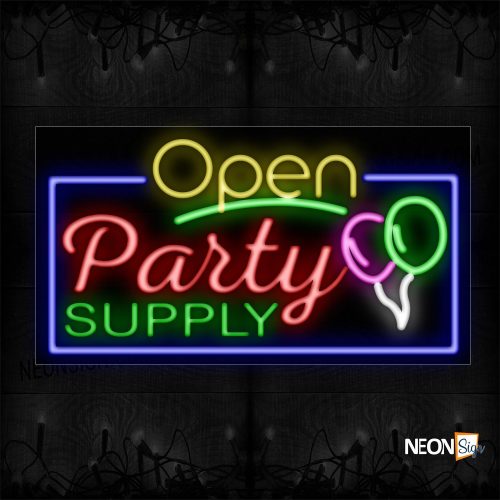 Image of 15545 Open Party Supply With Blue Border And Balloon Neon Sign_20x37 Black Backing