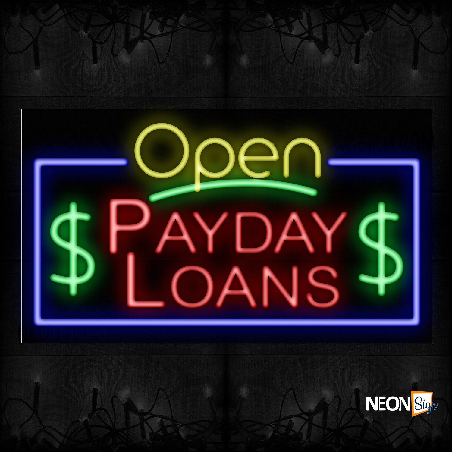 Image of 15550 Open Payday Loans $$ with blue border Neon Signs_20x37 Black Backing