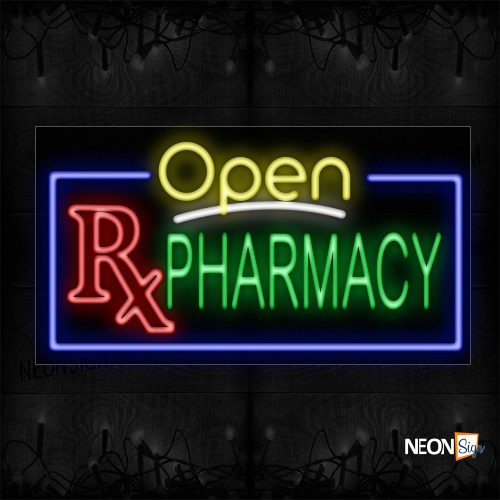 Image of 15554 Open Pharmacy With Border & Rx Sign Neon Sign_20x37 Black Backing