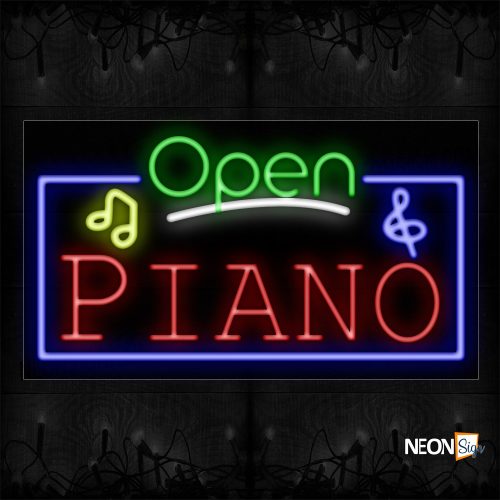 Image of 15556 Open Piano with blue border and music notes Neon Signs_20x37 Black Backing