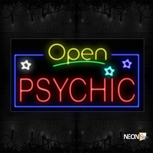 Image of 15561 Open Psychic With Border And Star Logo Neon Sign_20x37 Black Backing