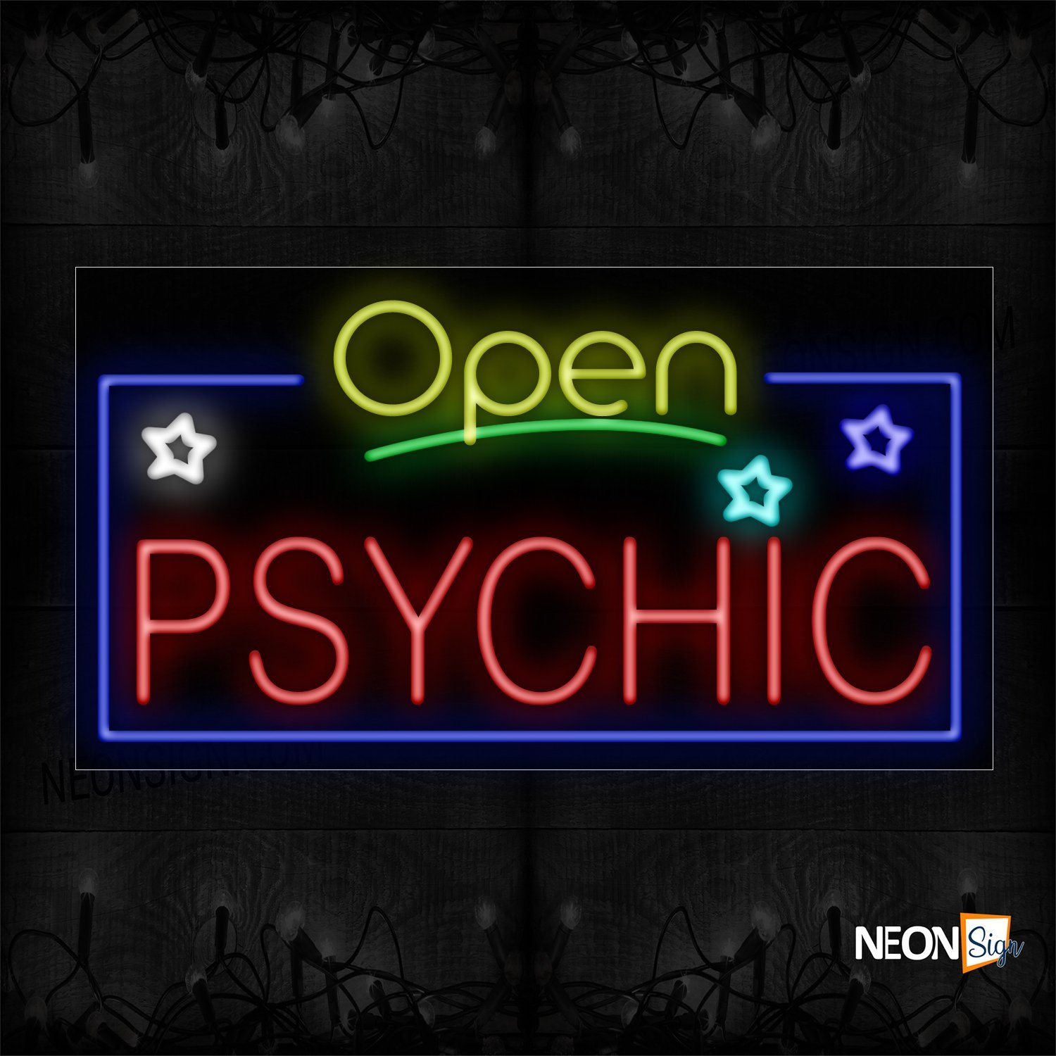 Image of 15561 Open Psychic With Border And Star Logo Neon Sign_20x37 Black Backing