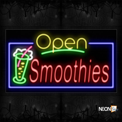 Image of 15571 Open Smoothies With Logo And Blue Border Neon Sign_20x37 Black Backing