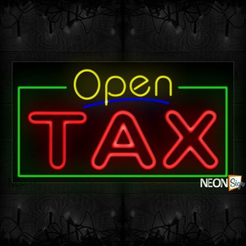 Image of 15584 open tax with green border led bulb Neon Signs 20x37 Black Backing