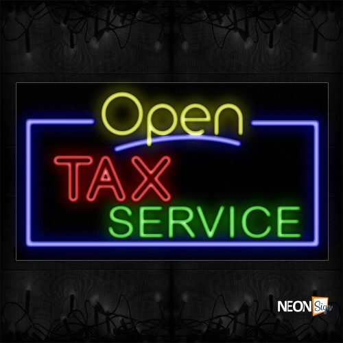 Image of 15585 Open Tax Service With Blue Border Traditional Neon_20x37 Black Backing
