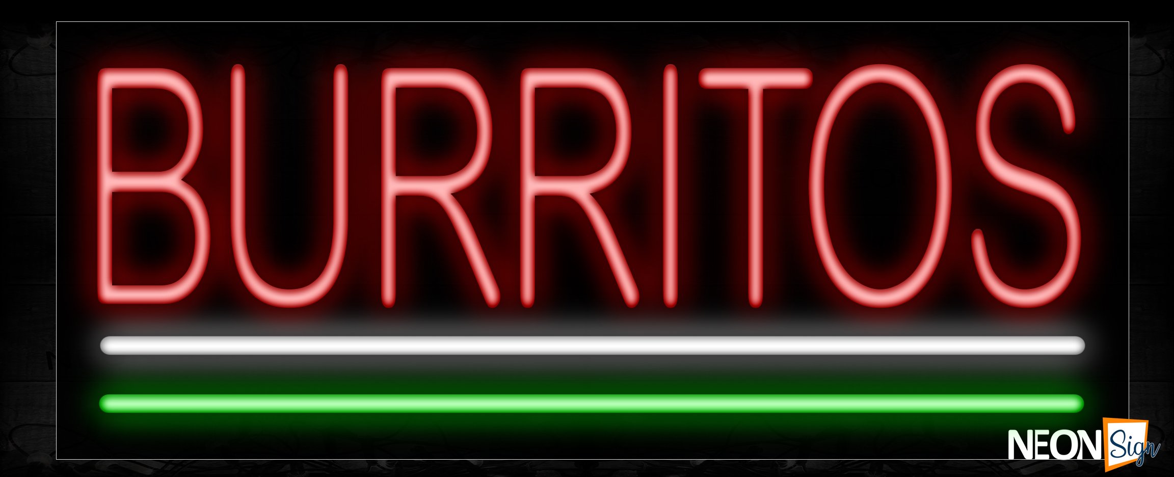 Image of 10027 Burritos with white and green lines Neon Sign_13x32 Black Backing