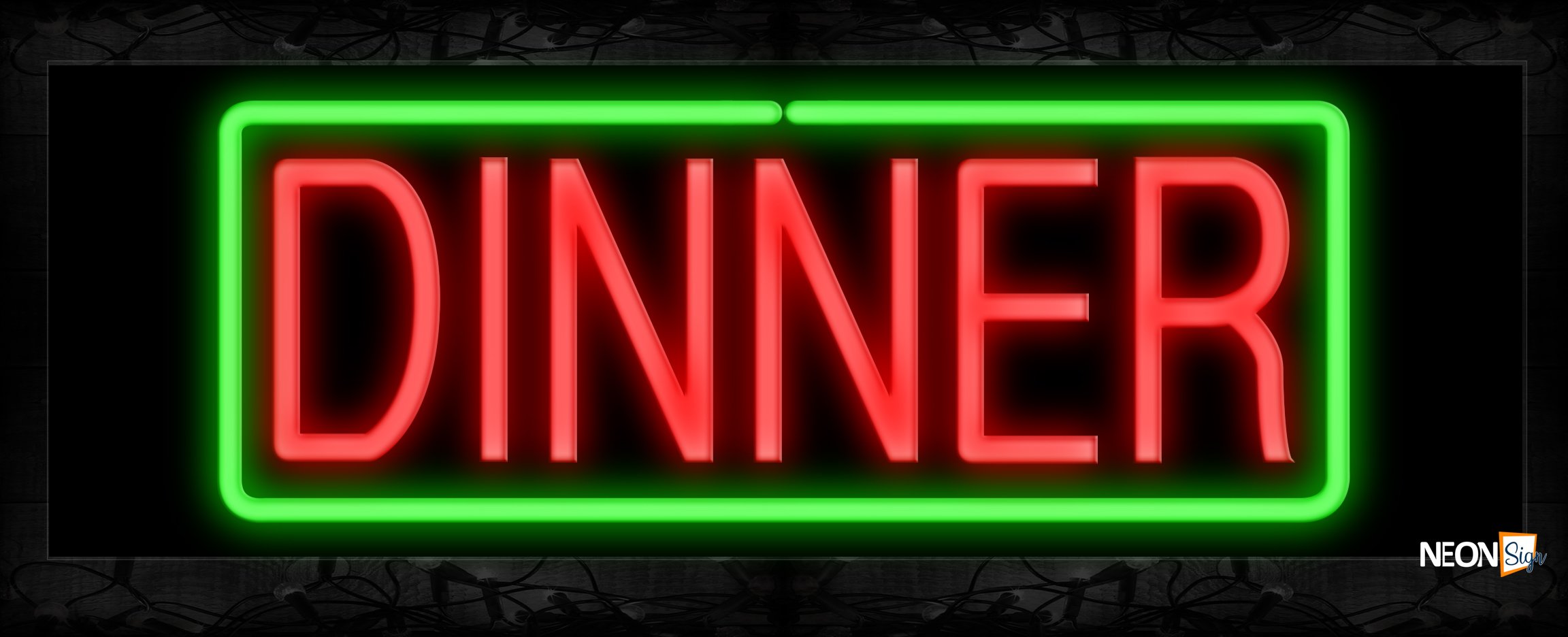 Image of 10189 Dinner in red with green border Neon Sign 13x32 Black Backing