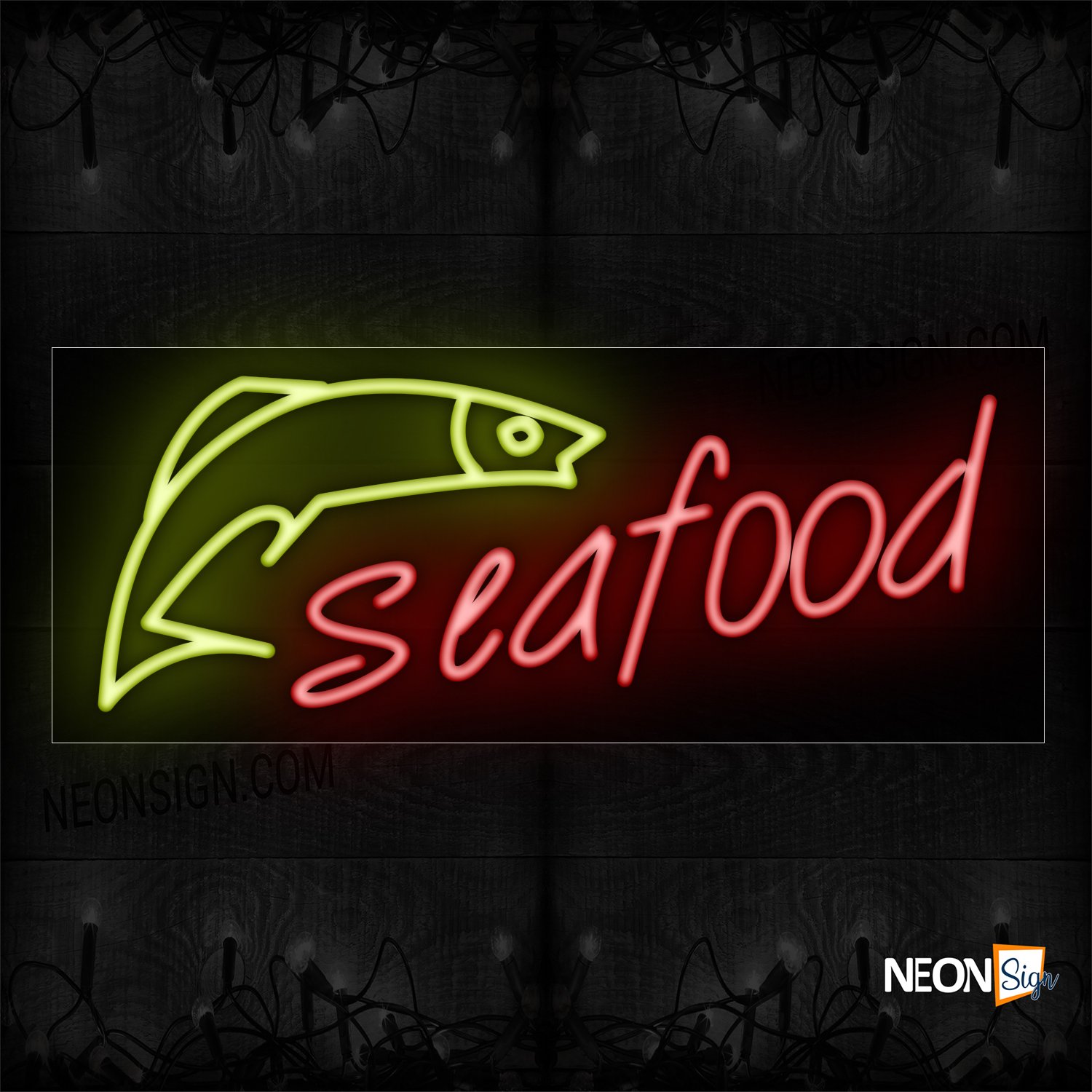 Image of Seafood in red and Fish Logo Neon Sign